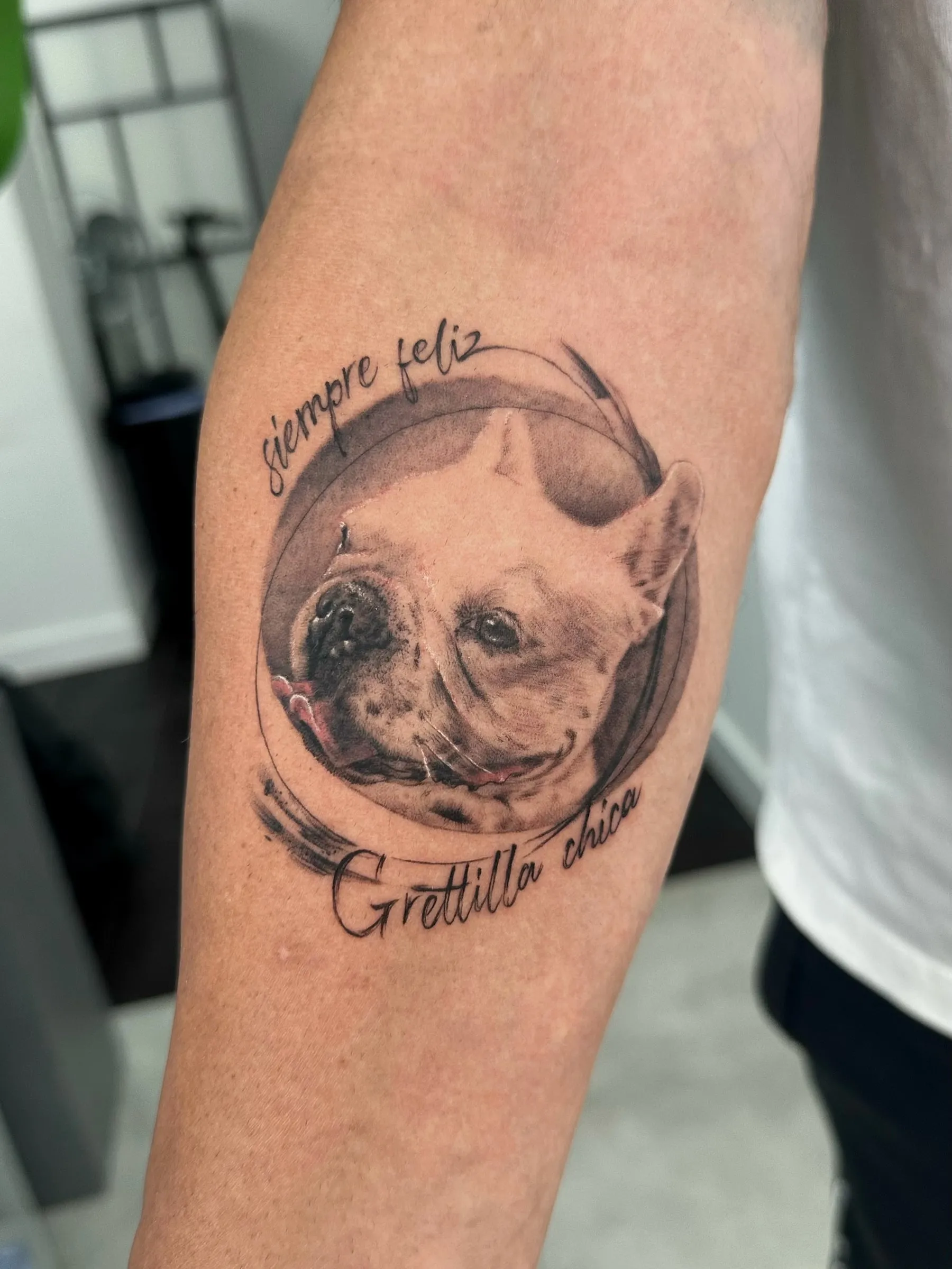 Retrato realista de una bulldog francés dentro de un círculo, con las frases «siempre feliz» y «Grettilla chica», en el antebrazo